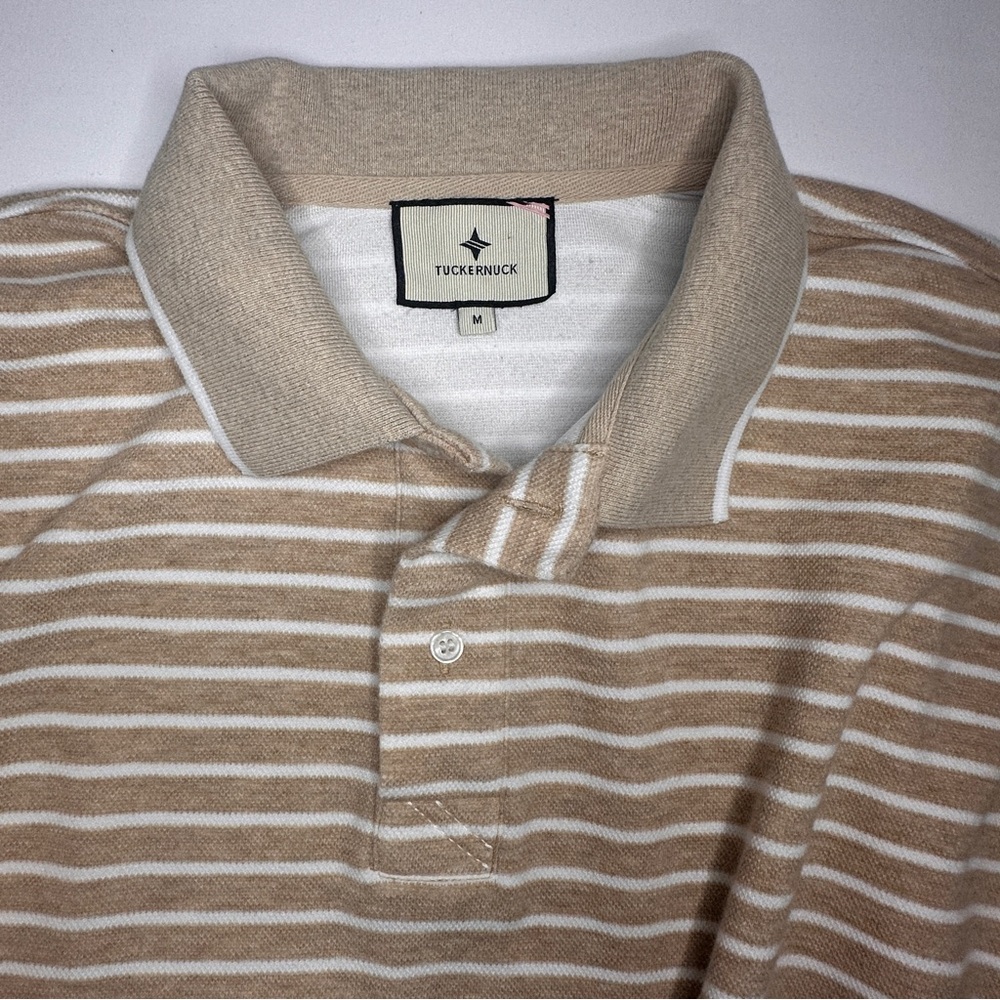 Tuckernuck Women’s Preppy Tan and White Striped Cropped Polo Shirt